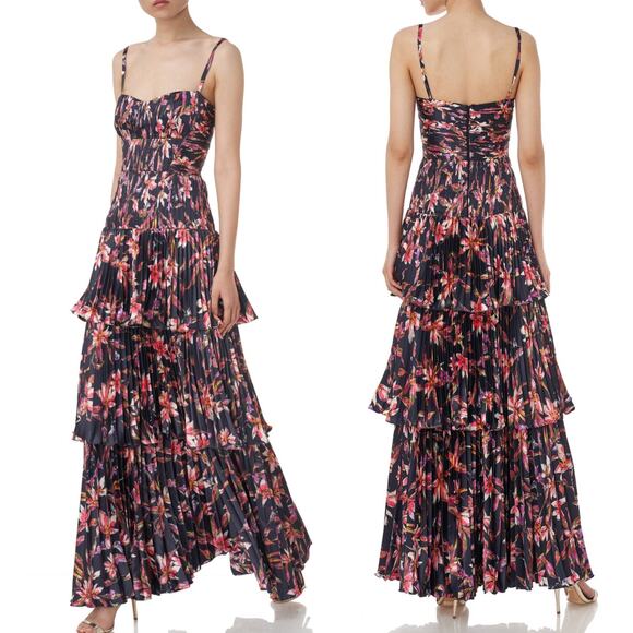AMUR Londyn Pleated Tiered Maxi Dress Black Floral Size 8 Women's Preowned - Picture 2 of 12